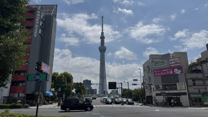言問橋から望む東京スカイツリーと川沿いの風景