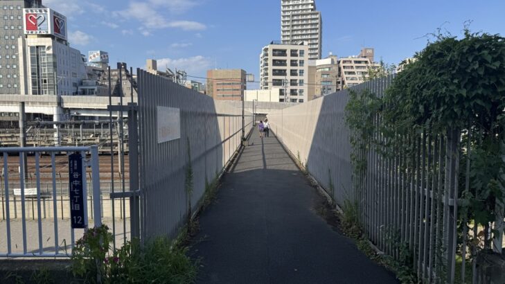 谷中周辺の跨線橋と頑丈なフェンスの様子